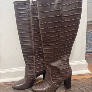 Ralph Lauren Brown Croc-Embossed Knee Boots